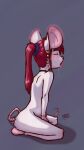  albino anthro blush bodily_fluids choker ear_piercing ear_ring eyes_closed female fur hair jewelry kneeling kneeling_oral_position mammal mouse murid murine necklace nude oral piercing ponytail red_hair ring_piercing rodent saliva saliva_string scrunchie solo vaithun white_body white_fur 
