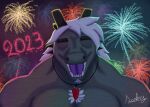  2023 anthro chubby_male collar dragon eyes_closed fireworks gem hair hi_res holidays male muscular new_year night purple_tongue quartz_(gem) sarkvy smile smiling_at_viewer solo tongue white_hair 
