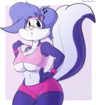  2022 accessory anthro big_breasts bottomwear breasts chest_tuft clothing davidsanchan earbuds female fifi_la_fume headband headphones hi_res hotpants mammal mephitid musical_note navel shorts skunk solo sweatband tiny_toon_adventures tuft under_boob warner_brothers wristband 