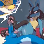  1:1 4_toes anthro anthro_on_anthro balls barefoot blue_body blue_fur blush bodily_fluids cum cum_on_feet cumshot delphox ejaculation erection feet foot_fetish foot_play footjob foreskin fur generation_4_pokemon generation_6_pokemon genital_fluids genitals glans hi_res hindpaw humanoid_genitalia humanoid_penis lucario male male/male nineka nintendo nude orgasm pawpads paws penis phoenix_fireheart pink_glans pokemon pokemon_(species) sex thick_thighs toes two-footed_footjob vein veiny_penis 