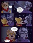  2022 anthro bandanna bodily_fluids canid canine canis clothing comic devfoxnsfw dialogue duo english_text fox fox_mccloud french_kissing hair hi_res kerchief kiss_on_lips kissing male male/male mammal multiple_scenes nintendo saliva saliva_on_tongue saliva_string scar shirt smile space standing star star_fox teeth text tongue tongue_out topwear wolf wolf_o&#039;donnell 