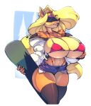  2022 activision anthro bandicoot big_breasts bigdad blonde_hair bottomwear bra breasts cleavage clothed clothing collaboration crash_bandicoot_(series) eyewear female hair hi_res hotpants huge_breasts mammal marsupial orange_body shorts smile snowboard solo sunglasses tawna_bandicoot underwear white-devil 