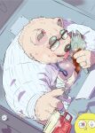  2022 absurd_res anthro bear blush canid canine clothing computer detailed_background duo eyewear glasses hi_res humanoid_hands kemono male mammal overweight overweight_male shirt tachiuo tongue tongue_out topwear 