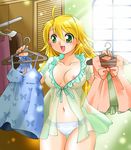  ahoge babydoll blonde_hair blush breasts clothes green_eyes hoshii_miki idolmaster lingerie nipples panties see-through smile underwear window 