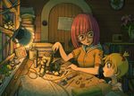  2girls blonde_hair blue_eyes blueprint book cameo chair chrono_(series) chrono_cross chrono_trigger door female flower ginga_(pixiv26897) girl glasses kid_(chrono_cross) lucca_ashtear multiple_girls plant purple_eyes purple_hair radio robo screwdriver short_hair sitting tools young younger 