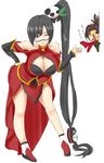  1girl arc_system_works bang_shishigami bare_shoulders bent_over big_breasts black_hair blazblue blazblue:_calamity_trigger breasts brown_hair china_dress chinadress chinese_clothes cleavage couple dress female glasses homura homura_(haku89) lao_jiu large_breasts litchi_faye_ling long_hair male ponytail purple_eyes scar shishigami_bang very_long_hair wink 