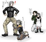  1girl 3boys animal_ears apron hal_emmerich lowres metal_gear metal_gear_(series) metal_gear_solid multiple_boys otacon raiden solid_snake sunny sunny_gurlukovich translation_request 