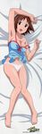  1girl armpit armpits bed brown_eyes brown_hair dakimakura highres hinako_(issho_ni_training) issho_ni_sleeping issho_ni_training nightgown panties shiny smile underwear white_panties 