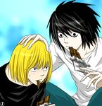  2boys black_hair blonde_hair chocolate death_note eating food hand_on_head l l_(death_note) lowres mello mello_(death_note) multiple_boys pants shirt short_hair shueisha simple_background sweatdrop 