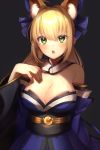  1girl :o animal_ears blonde_hair blue_bow blush bow breasts cleavage cosplay detached_collar detached_sleeves extra_ears eyebrows_visible_through_hair fate/extra fate_(series) fox_ears green_eyes hair_bow highres large_breasts long_hair looking_at_viewer nero_claudius_(fate) nero_claudius_(fate)_(all) open_mouth solo tamamo_(fate)_(all) tamamo_no_mae_(fate) tamamo_no_mae_(fate)_(cosplay) yayoimaka03 