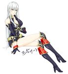  black_gloves boots breasts cleavage collarbone gloves highres long_hair medium_breasts panties red_eyes selvaria_bles senjou_no_valkyria signature silver_hair simple_background solo thigh_boots thighhighs underwear white_background white_panties zealt 