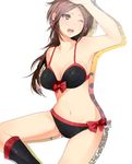  bare_shoulders bikini boots breasts brown_eyes brown_hair cleavage earrings female hairband jewelry kaihime komekei long_hair midriff one_eye_closed open_mouth sengoku_musou sengoku_musou_3 sitting solo swimsuit white_background wink 