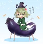  1girl anger_vein bangs black_hat blue_background blush_stickers breasts chibi dress eggplant frilled_sleeves frills ghost_tail gradient gradient_background green_dress green_eyes green_hair hair_between_eyes hat long_sleeves looking_at_viewer makuwauri medium_breasts open_mouth riding shadow short_hair shouryouuma soga_no_tojiko solo tate_eboshi touhou translation_request wide_sleeves 