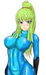  1girl big_breasts black_beat blonde_hair breasts female large_breasts latex lealorg long_hair metroid nintendo ponytail purple_eyes samus_aran simple_background skin_tight solo standing white_background zero_suit 