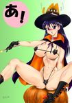  1girl azumanga_daiou bad_id bikini blush boots breasts cape cat chiyo_chichi collar gloves halloween hat high_heel_boots high_heels highres huge_breasts long_hair looking_at_viewer open_mouth pubic_hair pumpkin sakaki simple_background sitting spread_legs swimsuit translated wand witch witch_hat 