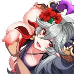  1girl bangs blush breast_grab breasts commentary_request draph fang flower grabbing grabbing_from_behind granblue_fantasy grey_hair groping hair_between_eyes hair_flower hair_ornament hibiscus horns large_breasts long_hair looking_at_viewer looking_up nipples open_mouth red_eyes simple_background smile swimsuit tenken_(gotannda) thalatha_(granblue_fantasy) white_background 