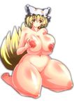  amber_eyes animal_ears areolae blonde_hair breast_hold breasts curvy female fox_tail full_body gomesu gradient gradient_background hat highres hips huge_breasts huge_nipples kneeling multiple_tails nipples nude plump smile solo tail thick_thighs thighs touhou white_background wide_hips yakumo_ran yellow_eyes 