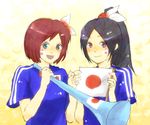  2girls ag_(pixiv330200) black_hair female flag gin_(artist) green_eyes hair_ornament horn_(instrument) hosokawa_gracia inahime japan long_hair multiple_girls open_mouth ponytail purple_eyes red_hair sengoku_musou sengoku_musou_2 short_hair soccer soccer_uniform sport sports sportswear uniform vuvuzela 