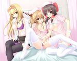  black_hair black_legwear blonde_hair bow censored duplicate garter_belt hair_bow hakurei_reimu hat horns ibuki_suika long_hair multiple_girls nurse nurse_cap panties purple_eyes pussy thighhighs touhou underwear white_legwear yakumo_yukari yellow_eyes yoye_(pastel_white) 