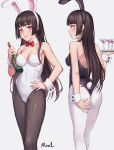  1girl animal_ears ass bare_shoulders black_hair black_legwear blush bottle breasts bunny_ears bunny_tail bunnysuit cleavage cocktail_glass cup detached_collar drinking_glass hand_on_hip highres looking_at_viewer mool_yueguang original pantyhose purple_eyes simple_background tail white_background white_legwear wrist_cuffs 