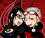  2girls bayonetta bayonetta_(character) black_eyes black_hair blue_eyes bodysuit cleavage_cutout earrings eyeshadow female grey_hair hair_bun jeanne_(bayonetta) jewelry lipstick long_hair lowres makeup multiple_girls open_mouth pocapin pokapin_(kuehnel) red_ribbon ribbon short_hair wink 