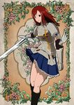 armor armour boots erza_scarlet fairy_tail flat_chest flower flowers green_eyes long_hair red_hair rose roses skirt sword tattoo weapon 