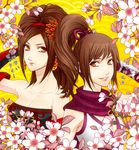  2girls adjusting_hair bare_shoulders brown_eyes brown_hair detached_sleeves earrings female flower hairband jewelry kaihime kunoichi_(sengoku_musou) long_hair multiple_girls peach-usa ponytail scarf sengoku_musou sengoku_musou_3 