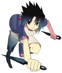 1boy artist_request crest dual_wielding family_crest full_body lowres male_focus naruto simple_background solo uchiha_sasuke white_background 