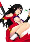  akihero arc_system_works black_hair blazblue blazblue:_calamity_trigger breasts china_dress chinadress chinese_clothes dress erect_nipples female highres lao_jiu litchi_faye_ling long_hair purple_eyes solo staff underboob white_background 