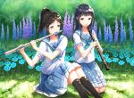  2girls black_hair black_legwear blue_eyes blue_flower blue_serafuku blue_skirt day flower flute grass hibike!_euphonium highres holding holding_instrument instrument kasaki_nozomi kneeling liz_to_aoi_tori long_hair lunacle multiple_girls music oboe outdoors playing_instrument ponytail red_eyes shirt short_sleeves sitting skirt socks white_shirt yoroizuka_mizore 