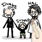  1girl 2boys chibi crayon hal_emmerich lowres metal_gear metal_gear_(series) metal_gear_solid multiple_boys otacon solid_snake sunny sunny_gurlukovich 