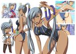  adjusting_hair angry ass bare_shoulders bent_over big_breasts bikini book breasts choker code_geass dark-skinned_female dark_skin dark_skinned_female drink elbow_gloves female gloves gym_uniform jacket large_breasts long_hair midriff one-piece_swimsuit one_piece_swimsuit open_mouth plate ponytail silver_hair solo stockings suzukane swimsuit thighhighs uniform uzura_(suzukane) villetta_nu water whistle white_background yellow_eyes 