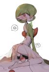  anthro blush bodily_fluids byebyefr0g clothed clothing confusion crossdressing dialogue dress erection gardevoir generation_3_pokemon girly green_body hi_res kneeling looking_back male multicolored_body nintendo open_mouth penetration pokeball pokeball_insertion pokemon pokemon_(species) red_eyes simple_background solo speech_bubble sweat white_body 