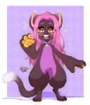  anthro bell black_body black_fur blush chibi collar domestic_cat felid feline felis female fur hair hi_res koukysato looking_at_viewer mammal nueva_delcat open_mouth orange_pawpads pawpads pink_body pink_fur pink_hair solo teeth tongue white_body white_fur yellow_eyes yellow_pawpads 