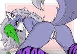  2022 anthro anus black_nose breasts butt canid canine canis clothing collar colored_nails digital_drawing_(artwork) digital_media_(artwork) ear_piercing ear_ring eyebrows eyelashes eyeshadow fanathir female five_nights_at_freddy&#039;s five_nights_at_freddy&#039;s:_security_breach fur genitals green_hair grey_hair hair hi_res jewelry legwear long_hair looking_at_viewer makeup mammal multicolored_hair nails nude piercing presenting pussy rear_view ring_piercing roxanne_wolf_(fnaf) scottgames solo spiked_collar spikes wolf yellow_eyes 