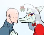  amber_eyes anon_(snoot_game) anthro bald blue_body blush christmas clothing clothing_grab duo eye_contact eyeshadow faceless_character faceless_human faceless_male fang_(gvh) featureless_face female goodbye_volcano_high grey_hair hair holidays human human_on_anthro imminent_kiss interspecies looking_at_another makeup male male/female mammal mistletoe plant pterodactylus pterosaur reptile scalie shirt_grab smile snoot_game_(fan_game) snout sweater topwear unknown_artist 