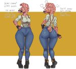  angry anthro big_butt boots bottomwear breasts butt clothed clothing denim denim_clothing dialogue eel emanata english_text eyewear female fish footwear front_view fully_clothed hand_on_hip hi_res jeans marine multiple_angles non-mammal_breasts pants rear_view shirt solo sunglasses suspenders text topwear wide_hips zed-s 