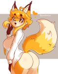  &lt;3 2022 absurd_res anthro blonde_hair blush blush_lines bottomless bottomless_anthro bottomless_female breasts butt canid canine clothed clothing digital_drawing_(artwork) digital_media_(artwork) dipstick_ears dipstick_tail female fluffy fluffy_tail fox fur hair hi_res inner_ear_fluff jasmin_(jasminthemanticore) jasminthemanticore mammal markings multicolored_ears navel necktie open_mouth orange_eyes portrait shirt side_boob simple_background solo tail tail_markings thick_thighs three-quarter_portrait topwear tuft white_clothing white_shirt white_topwear wide_hips yellow_body yellow_fur 