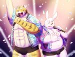  2022 4:3 anthro balls_outline belly big_belly bulge duo eyes_closed felid genital_outline hi_res humanoid_hands kemono kick_(artist) lagomorph leporid male mammal microphone moobs muscular muscular_male one_eye_closed overweight overweight_male pantherine penis_outline rabbit tiger wink 