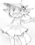  adult_(lore) anthro bamfear bow_ribbon clothed clothing doneru dress fangs female gesture greyscale hair looking_at_viewer monochrome smile solo sun_hat tany_(doneru) teeth waving waving_at_viewer young 