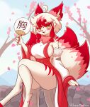  2022 4_fingers absurd_res ahoge anthro asian_clothing asian_mythology canid canine cherry_blossom clothing crossed_legs digital_drawing_(artwork) digital_media_(artwork) dipstick_tail east_asian_clothing east_asian_mythology eyeshadow female fingers fox fur hair hand_fan hi_res japanese japanese_clothing japanese_mythology jasminthemanticore kemono kimono makeup mammal markings multi_tail multicolored_body multicolored_fur mythology neck_tuft plant red_ears red_eyeshadow sitting solo tail tail_markings tuft two_tone_body two_tone_fur uchiwa_fan white_hair yellow_eyes 
