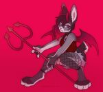  2022 4_toes 5_fingers anthro bottomwear clothed clothing crouching feet female fingers fishnet fishnet_legwear hair hi_res horn lagomorph legwear leporid long_hair mammal melee_weapon polearm rabbit samaella shirt shorts simple_background solo tank_top toes topwear trident weapon wings 