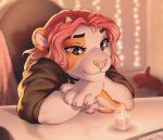  2022 anthro candle clothed clothing digital_media_(artwork) eyebrows eyelashes felid feline female hair hybrid mammal paws red_hair smile smileeeeeee solo sun_(smu) 