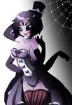  animal_humanoid arachnid arachnid_humanoid armwear arthropod arthropod_humanoid black_hair breasts cleavage clothed clothing dress elbow_gloves fangs female gloves hair hand_on_hip handwear hat headgear headwear hi_res humanoid legwear looking_at_viewer muffet multi_arm multi_eye multi_limb nuvex open_mouth purple_body smile solo spider_humanoid spider_web standing teeth thigh_highs top_hat undertale undertale_(series) 