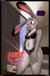  2022 absurd_res anthro blush bra clothed clothing comic cover cover_art cover_page dialogue digital_media_(artwork) disney english_text female furbeyond hi_res judy_hopps lagomorph leporid lingerie mammal navel purple_eyes purple_text question_mark rabbit solo text underwear zootopia 