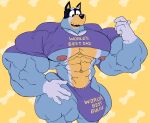  2022 abs absurd_res anthro australian_cattle_dog bandit_heeler barazoku biceps big_bulge big_muscles big_nipples big_pecs bluey_(series) bone bulge canid canine canis cattledog clothing daddy_kink domestic_dog english_text eyebrows fur herding_dog hi_res huge_bulge huge_muscles huge_pecs huge_thighs hyper hyper_bulge hyper_muscles hyper_thighs ineffective_clothing looking_down male mammal manly muscular muscular_anthro muscular_male navel nipples obliques open_mouth open_smile pastoral_dog pattern_background pecs quads remert shirt simple_background smile solo standing teeth text text_on_clothing text_on_shirt text_on_thong text_on_topwear text_on_underwear thick_thighs thong tight_clothing tongue topwear triceps tuft underwear yellow_background 