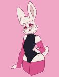  absurd_res anthro athletic big_butt blush butt clothed clothing costume digital_media_(artwork) girly hi_res lagomorph legwear leporid looking_down male mammal narrowed_eyes pink_background rabbit simple_background sleeplesskiwi slim small_waist solo standing thick_thighs thigh_highs twig wide_hips 