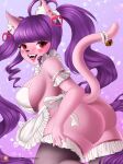  2020 accessory anthro bell black_nose breasts butt cotton_(macaronneko) digital_media_(artwork) domestic_cat felid feline felis female furgonomics hair heart_(marking) hi_res kneeling long_hair looking_at_viewer looking_back looking_back_at_viewer macaronneko mammal pigtails purple_hair red_eyes simple_background smile solo tail_accessory tail_bell white_apron 