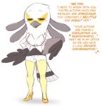  accipitriform aggressive_retsuko anthro avian beak beauty_mark bird bottomwear breasts clipboard clothed clothing english_text eyes_closed feathers female footwear genitals hand_on_hip hi_res high_heels ineffective_clothing inviting miniskirt mootcookie_(artist) nipples no_underwear pussy sanrio secretary_bird secretary_washimi skirt suggestive_dialogue text white_body white_feathers 