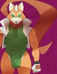  2022 a-side abs anthro breath bulge canid canine clothed clothing ears_up fangs fingerless_gloves fist fox fox_mccloud fure gloves green_eyes handwear hi_res inner_ear_fluff jacket looking_at_viewer male mammal muscular muscular_anthro muscular_male narrowed_eyes nintendo open_mouth pecs scarf solo standing star_fox teeth tongue topwear tuft 